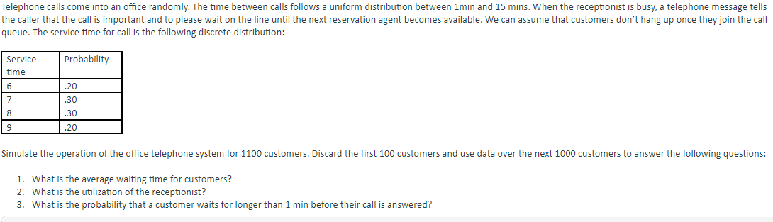 USE EXCEL ( SIMULATION) Telephone calls come into