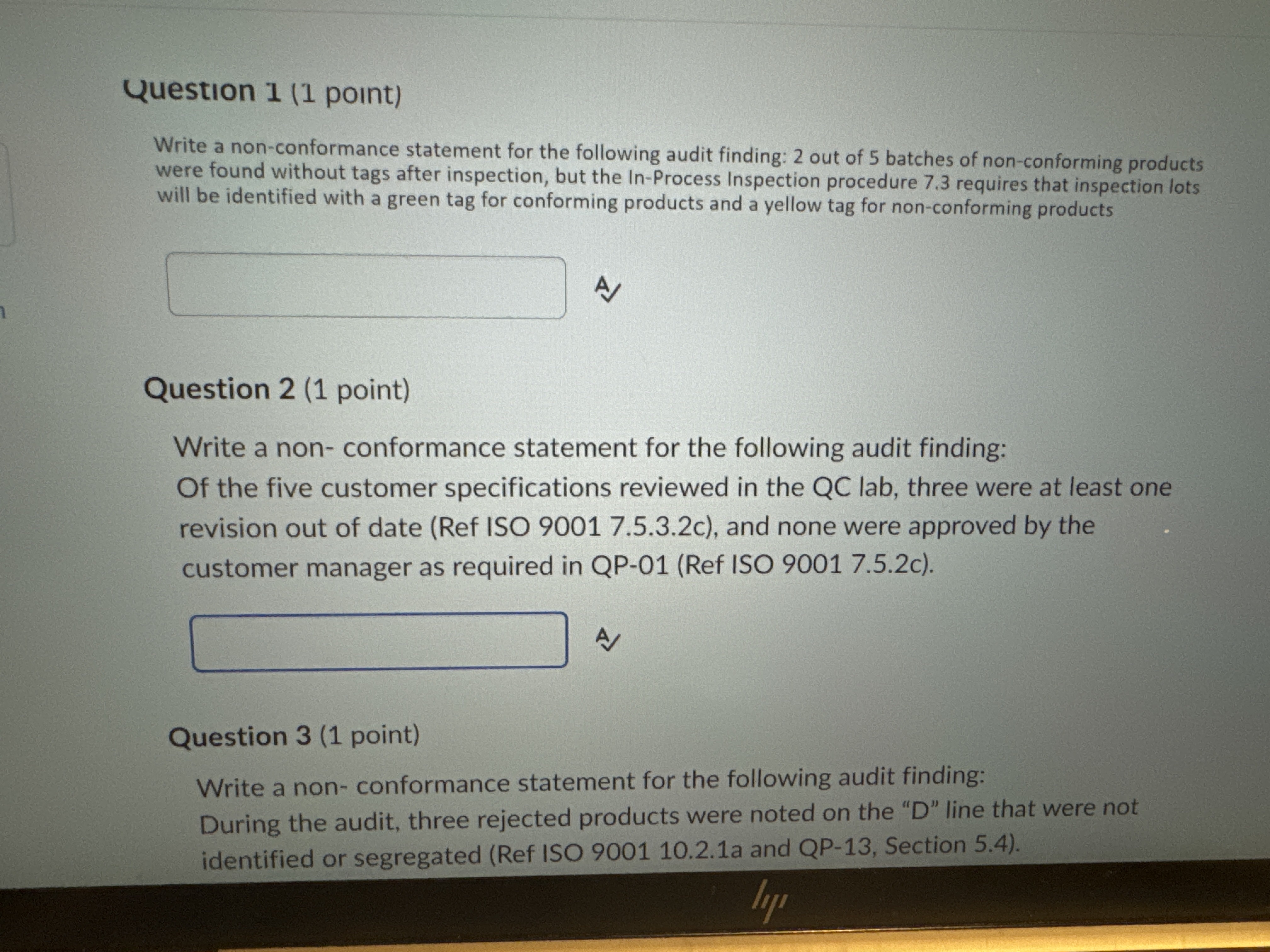 Question 1 ( 1 point ) Write a non - conformance