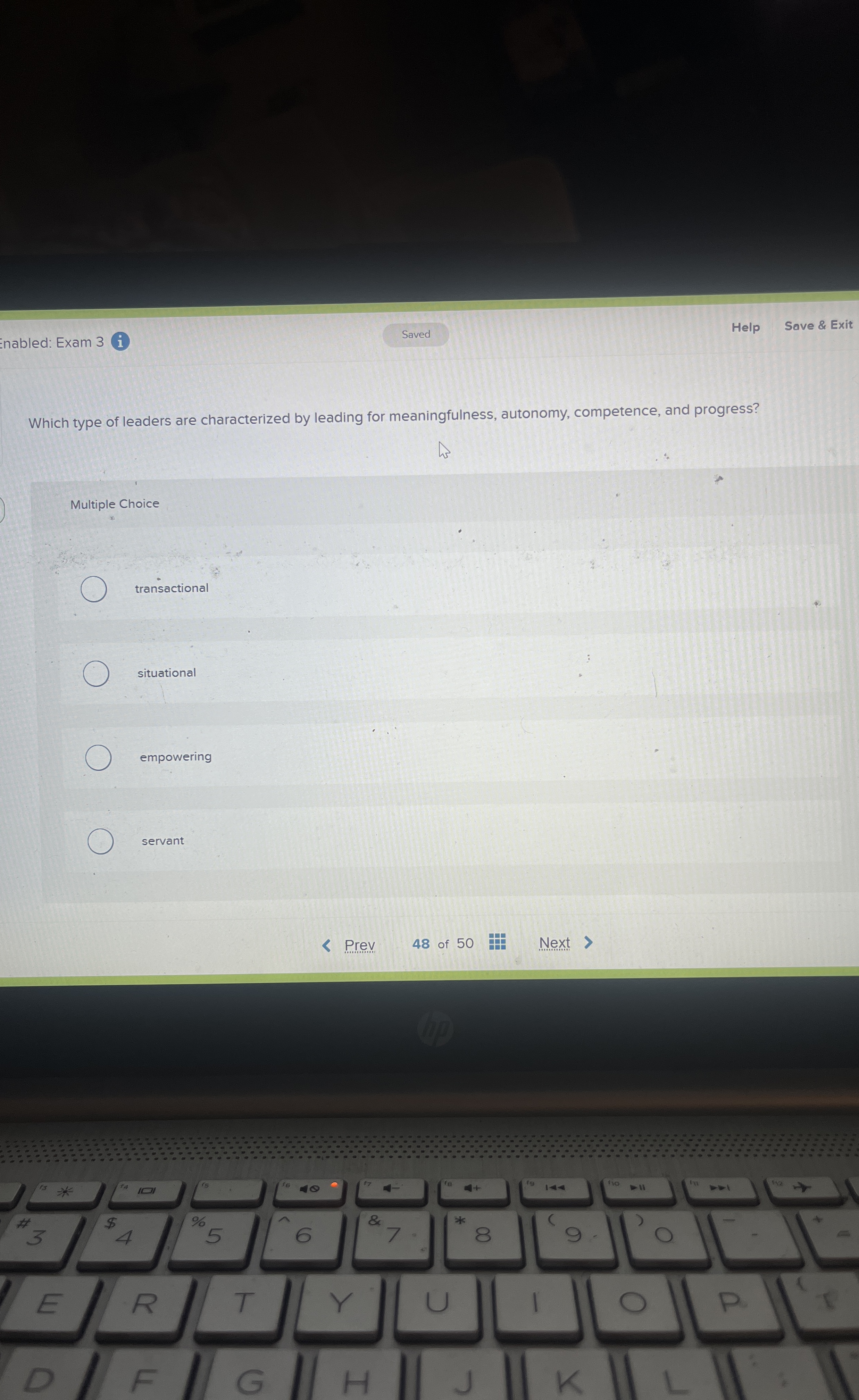 nabled: Exam 3 Help Save & Exit i . Which type of
