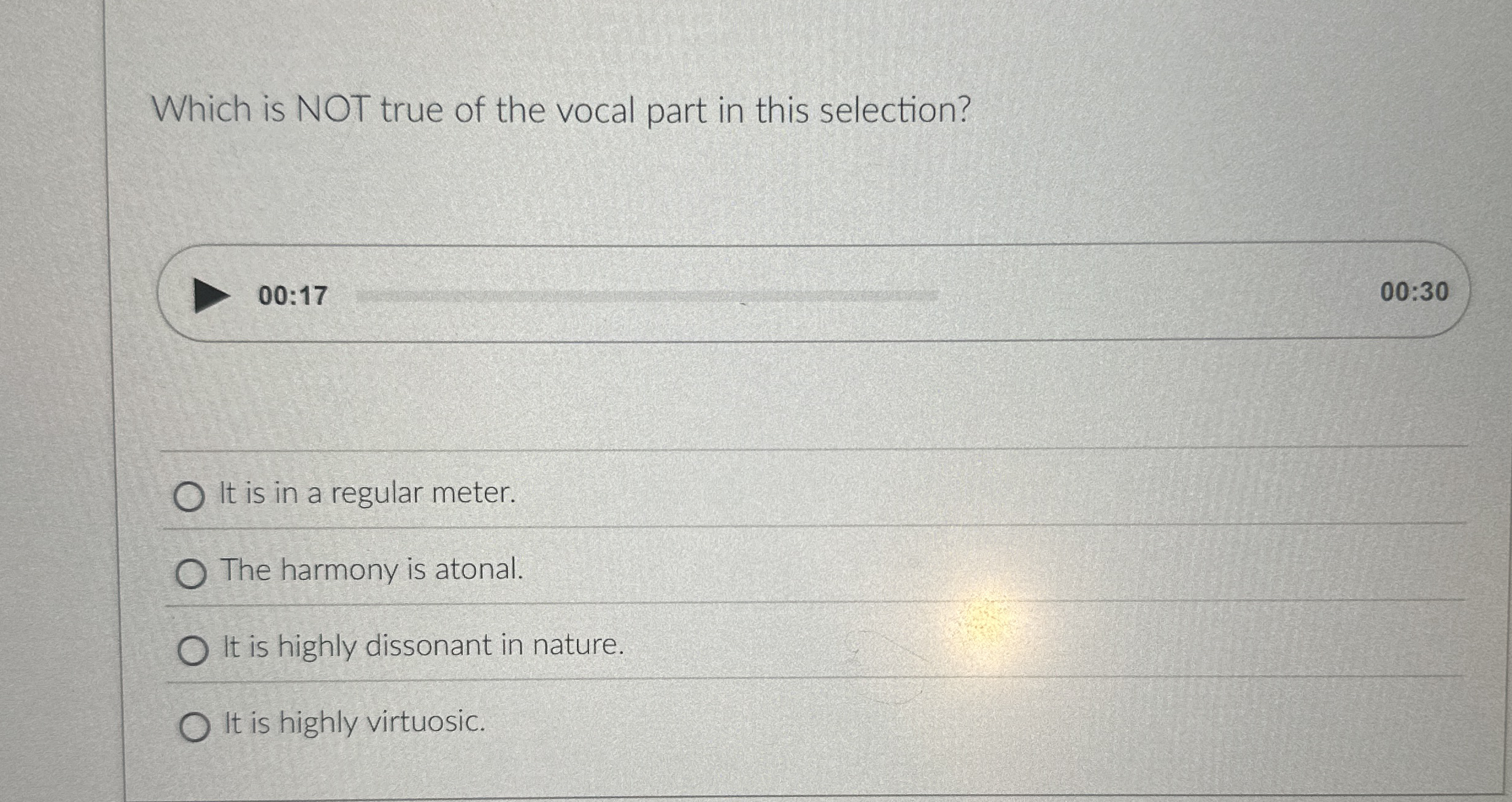 Which is NOT true of the vocal part in this