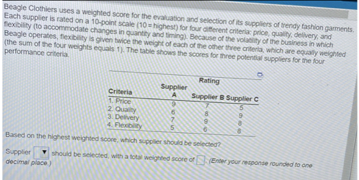 supplier ( either A, B, or C) Beagle Clothiers