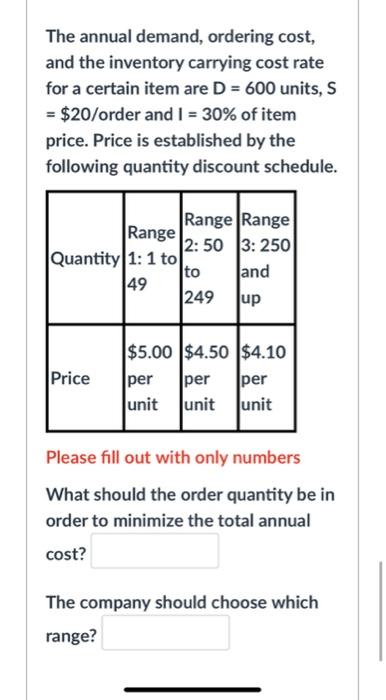 The annual demand, ordering cost, and the
