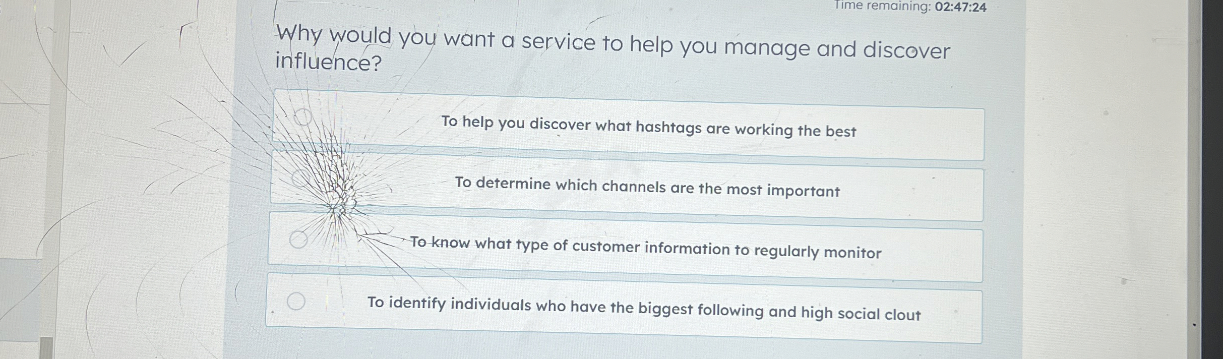 Time remaining: 0 2 : 4 7 : 2 4 Why would you