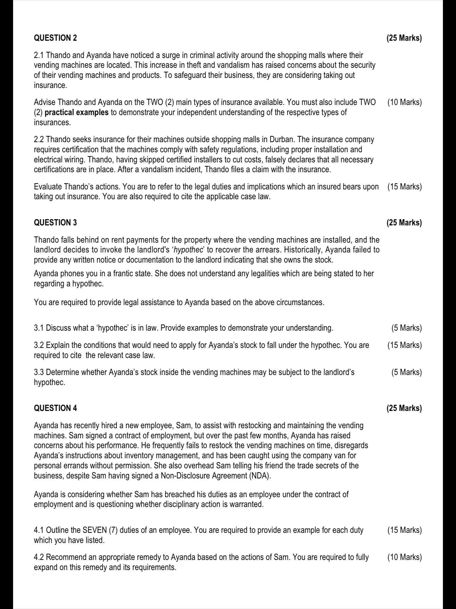 QUESTION 2 ( 2 5 Marks ) 2 . 1 Thando and Ayanda