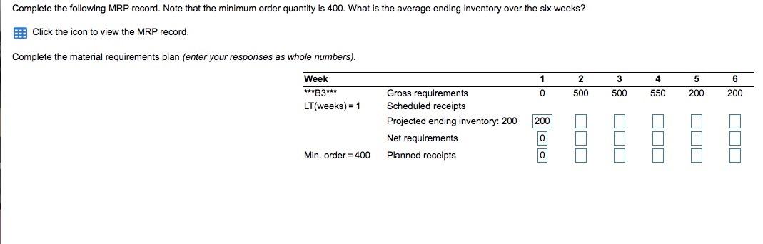 Complete the following MRP record. Note that the