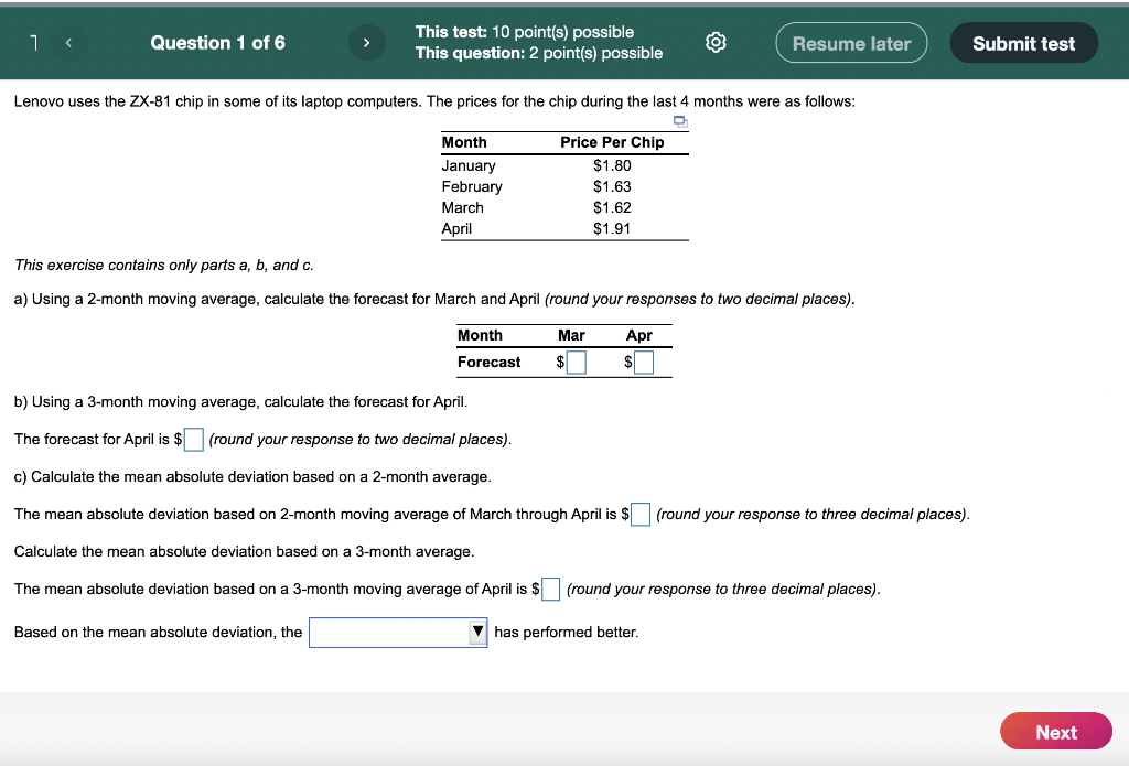 i < Question 1 of 6 This test: 10 point(s)