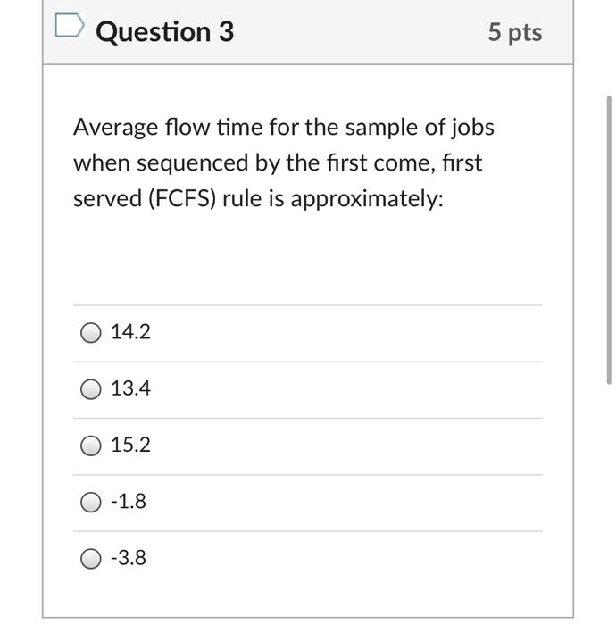Question 3 5 pts Average flow time for the sample