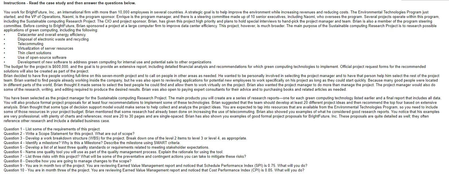 Instructions - Read the case study and then