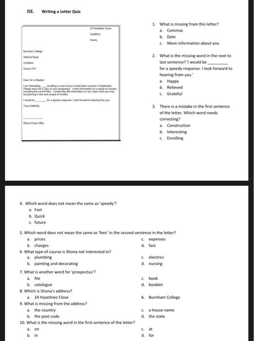 please answer it, thanks III. Writing a Letter