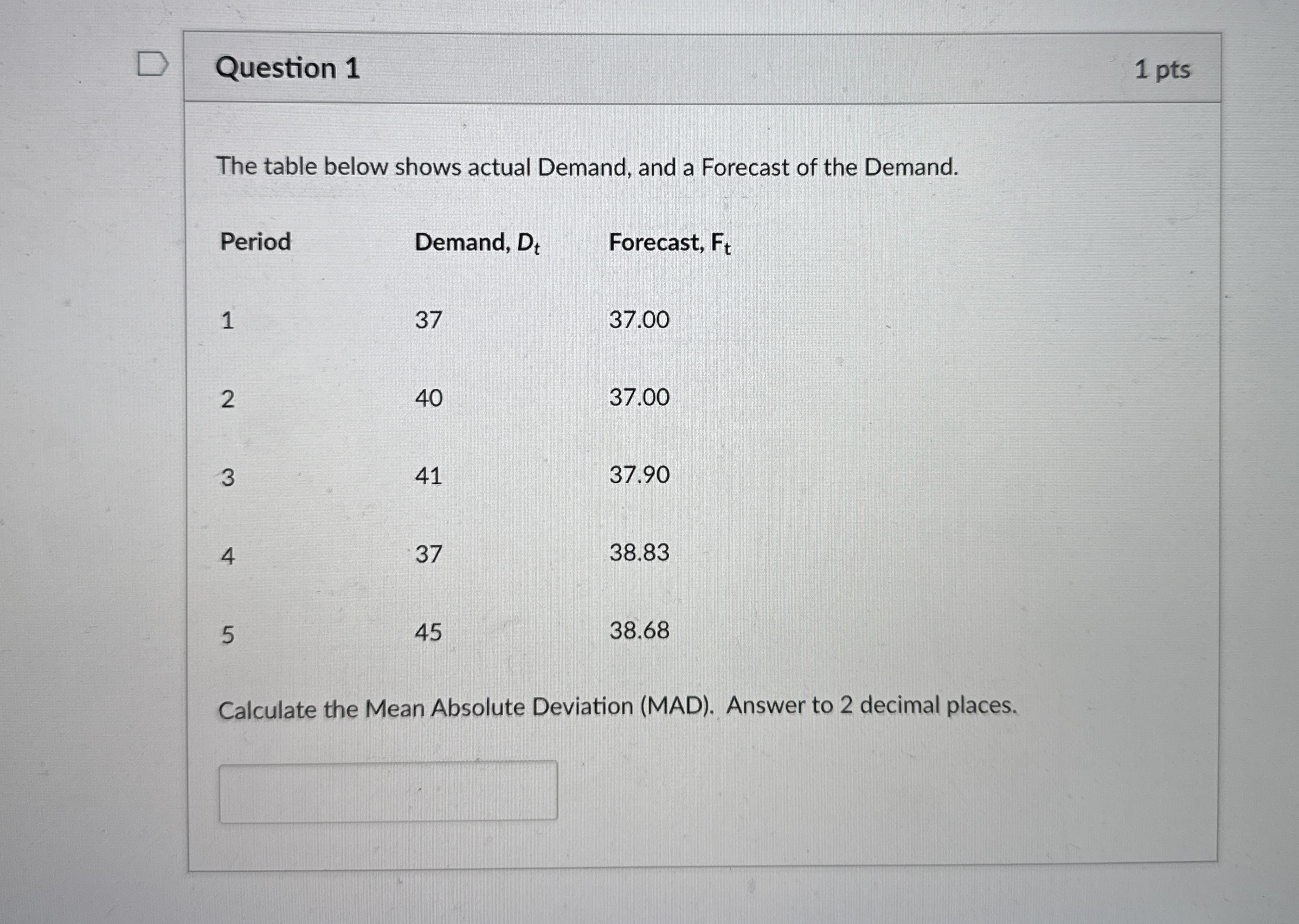 Question 1 1 pts The table below shows actual