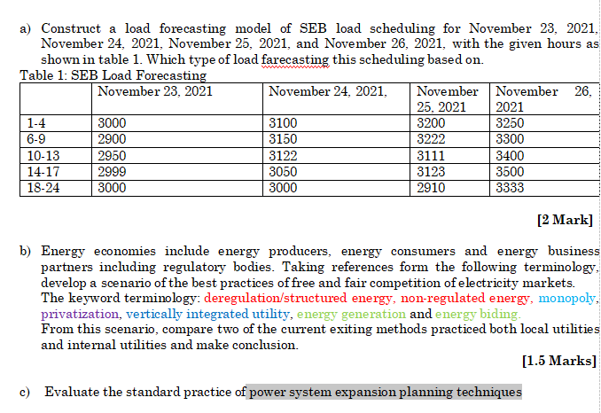 a) Construct a load forecasting model of SEB load