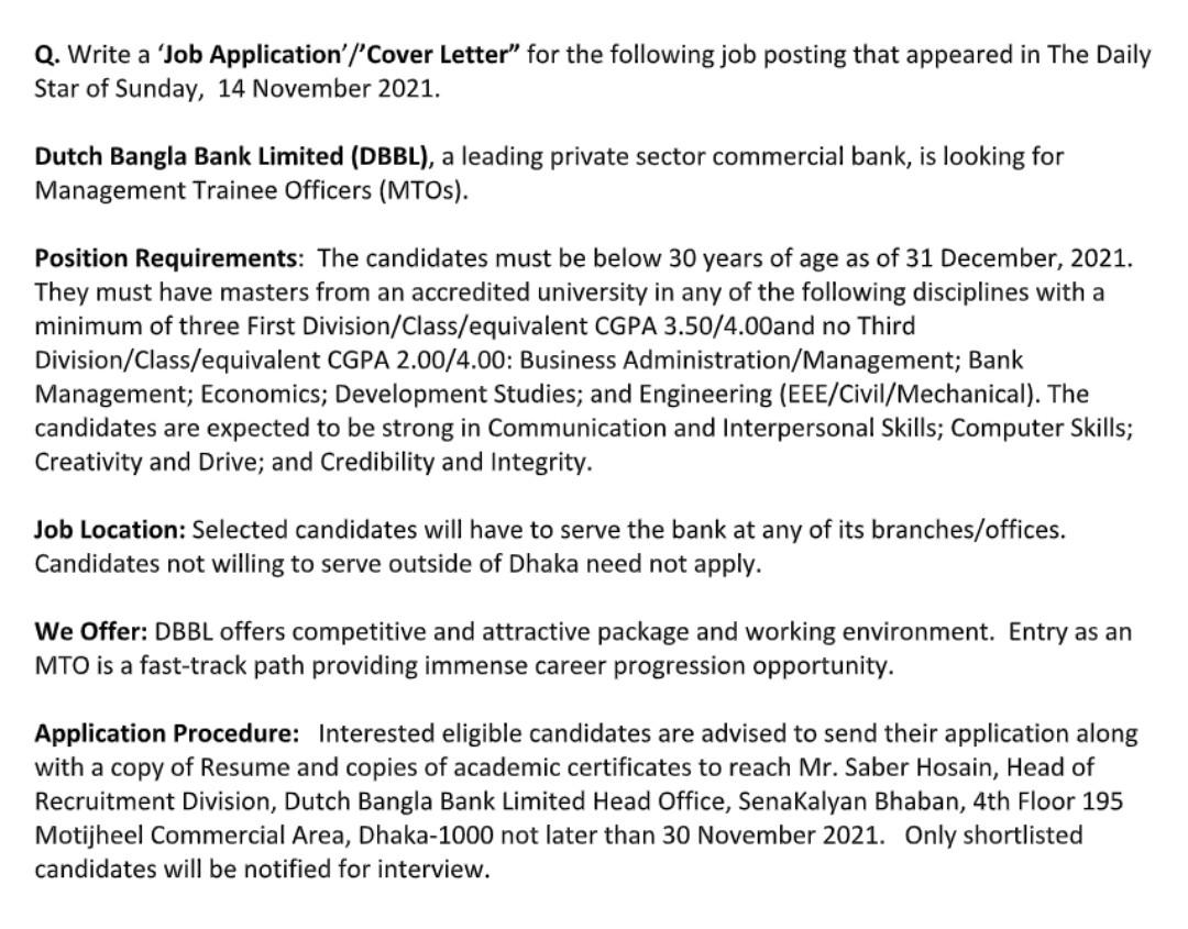 format: Q. Write a 'Job Application' /'Cover