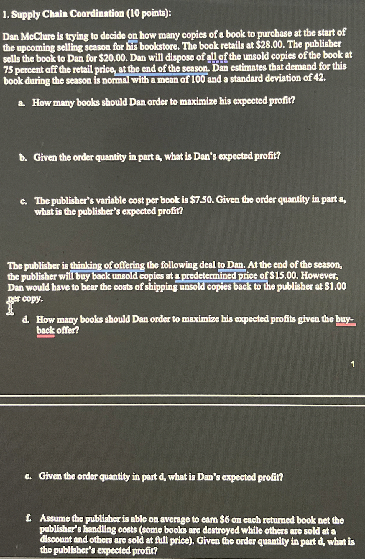 Supply Chain Coordination ( 1 0 points ) : Dan