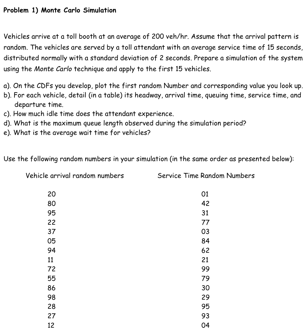Problem 1 ) Monte Carlo Simulation Vehicles