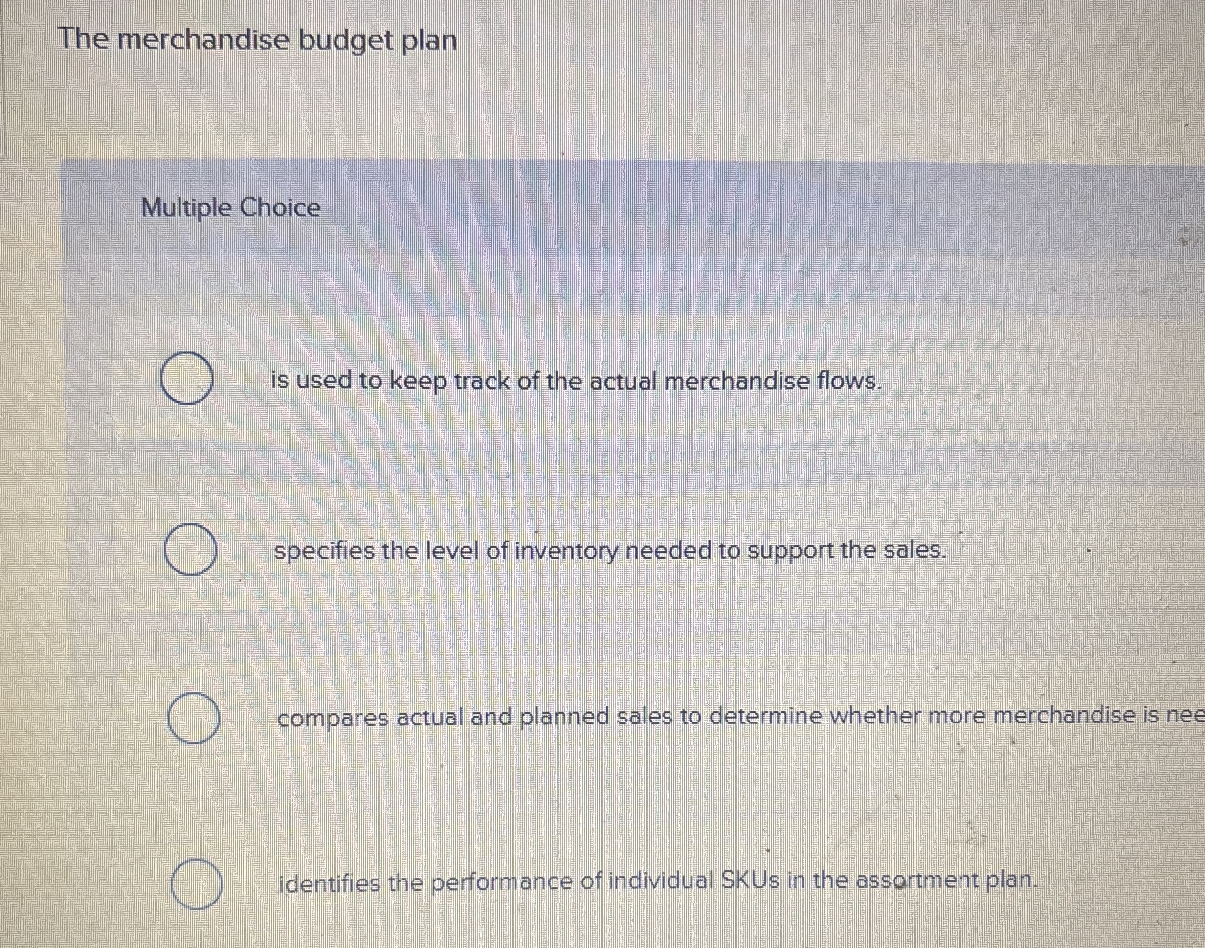 The merchandise budget plan Multiple Choice is