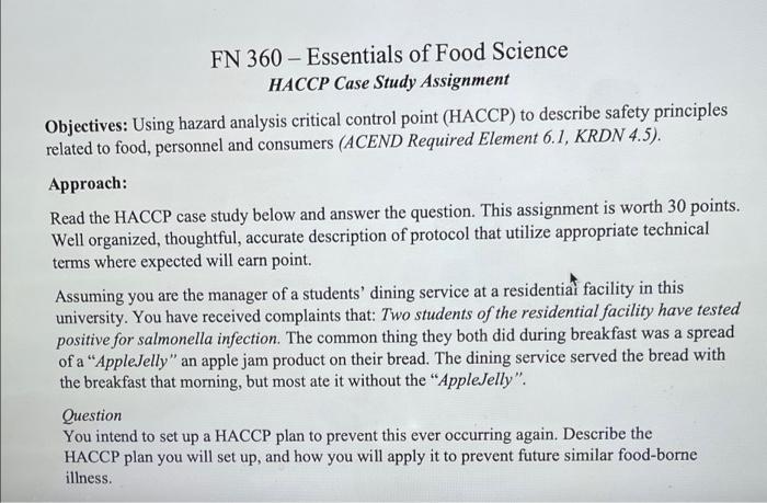 FN 360 - Essentials of Food Science HACCP Case