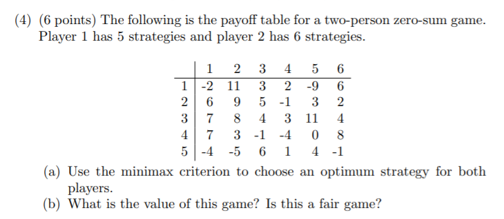 (4) (6 points) The following is the payoff table