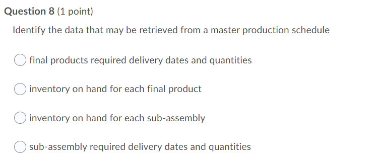 Question 8 (1 point) Identify the data that may