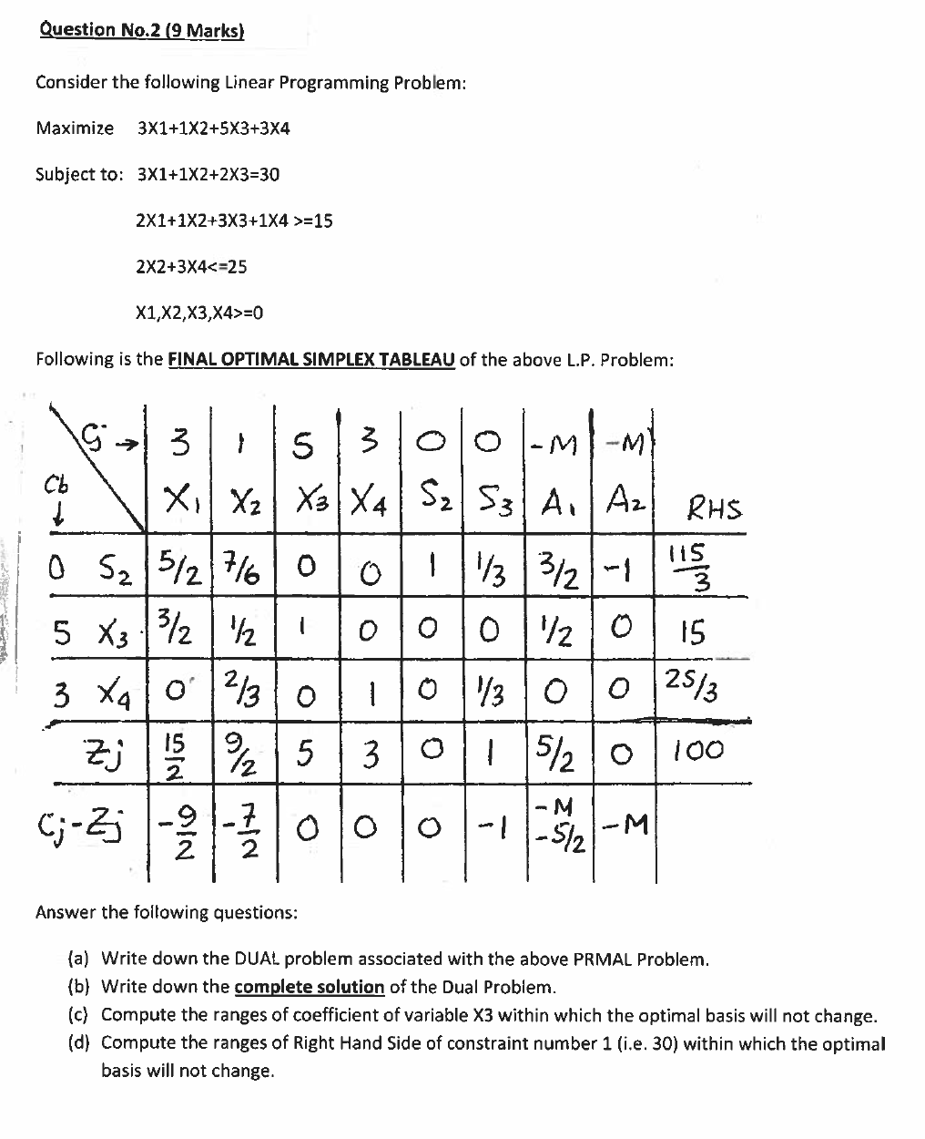 Question No.2 (9 Marks) Consider the following