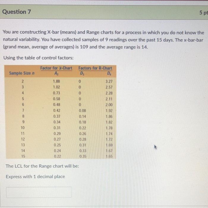 Question 7 5 pt You are constructing X-bar