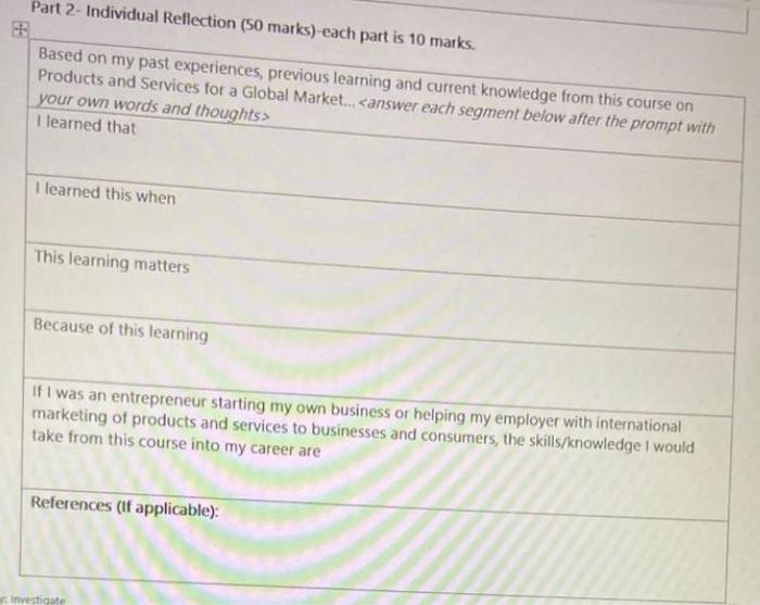Part 2- Individual Reflection (50 marks) each