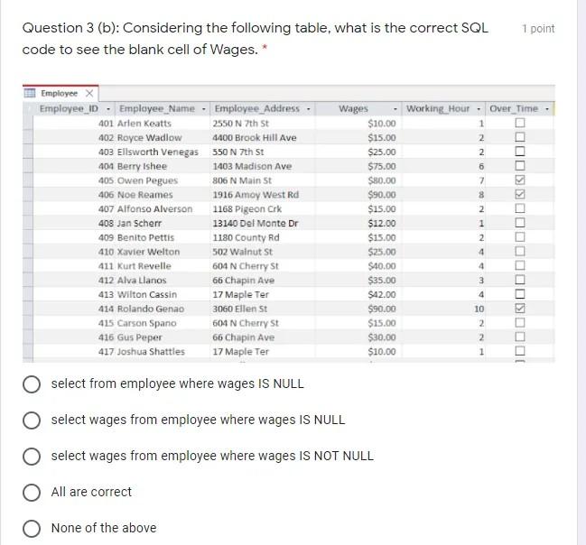 1 point Question 3 (a): Considering the following