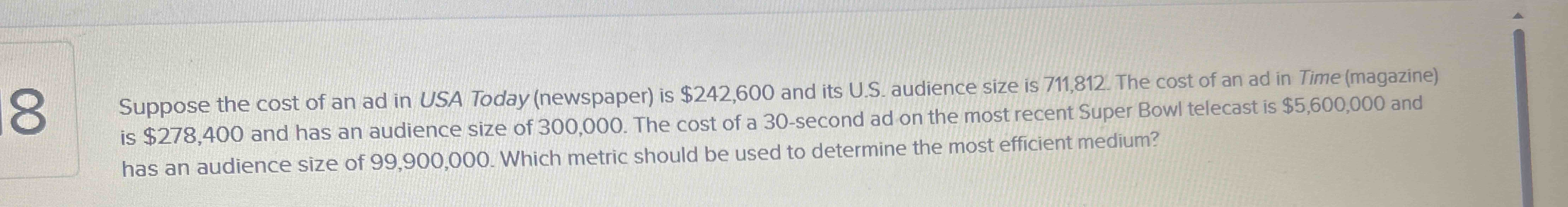 Suppose the cost o f a n a d i n USA Today ( n e