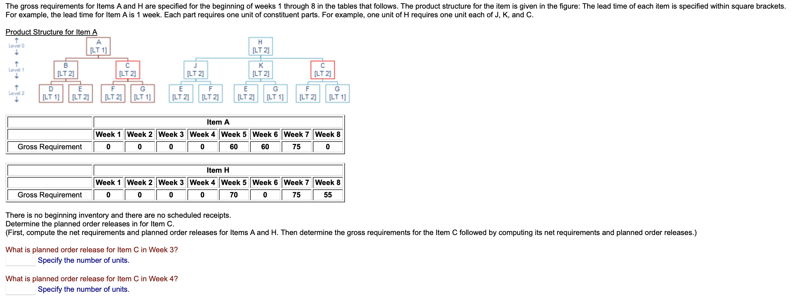 For example, the lead time for Item A is 1 week.
