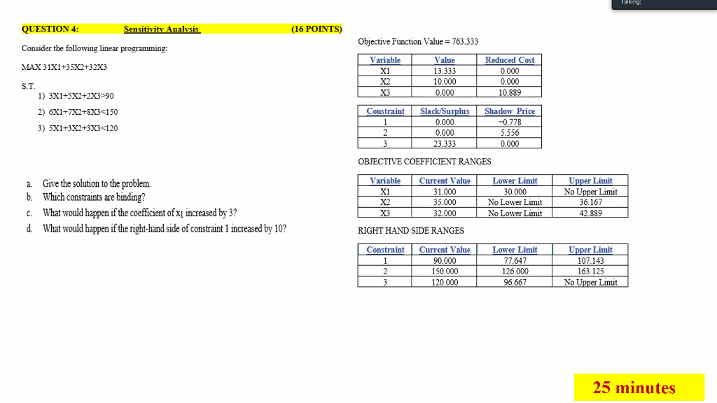 Talking QUESTION 4: Sensitivity Analysis (16
