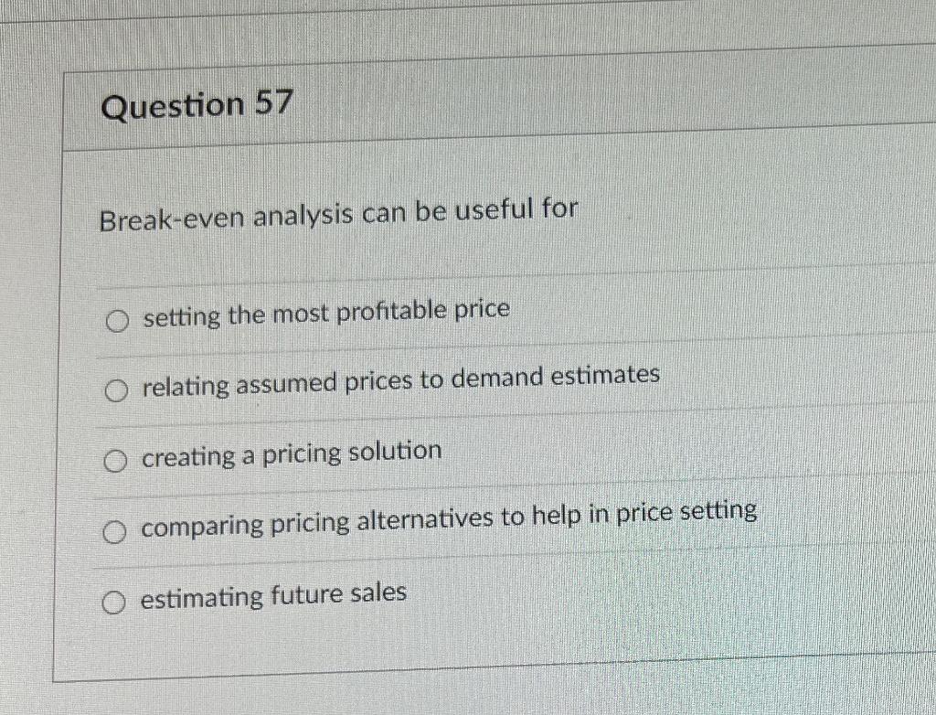 Question 57 Break-even analysis can be useful for