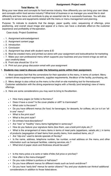Assignment: Project work Total Marks: 15 Bring