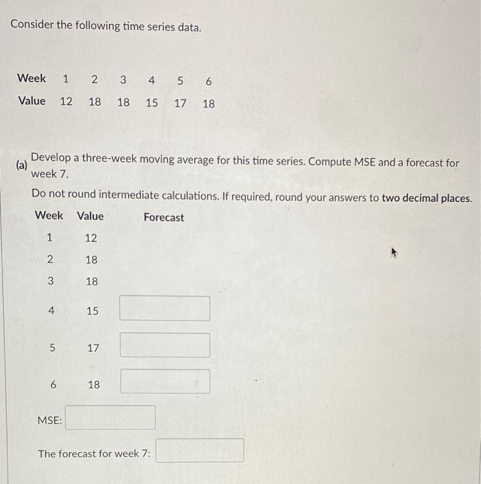 Consider the following time series data. Week 1 2