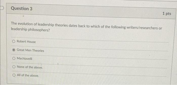 Question 3 1 pts The evolution of leadership
