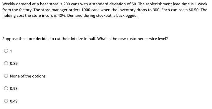 Weekly demand at a beer store is 200 cans with a