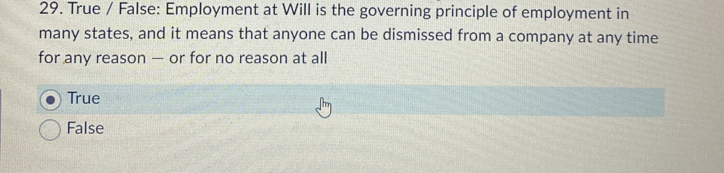 True / False: Employment at Will is the governing