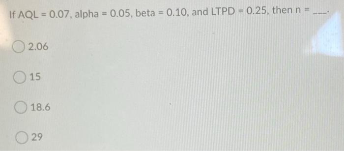 If AQL = 0.07, alpha = 0.05, beta = 0.10, and