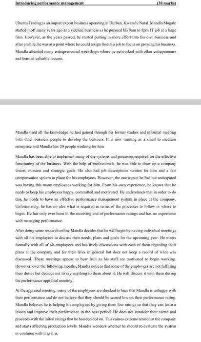 Introducing performance management (30 marks)