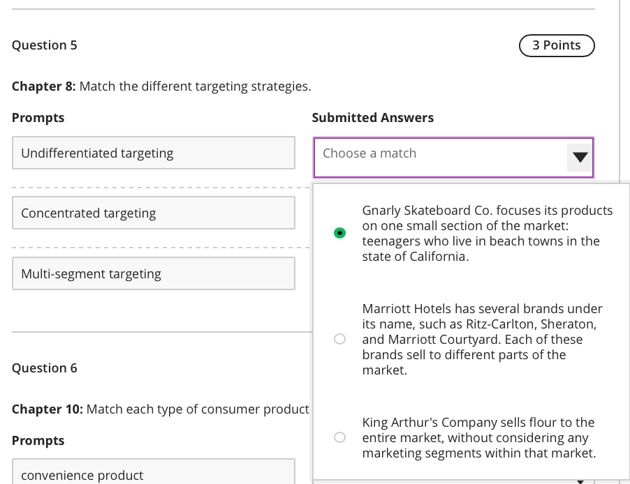 Question 5 3 Points Chapter 8: Match the