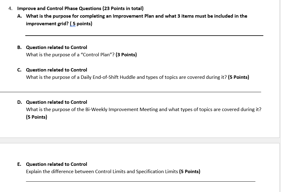 4. Improve and Control Phase Questions (23 points