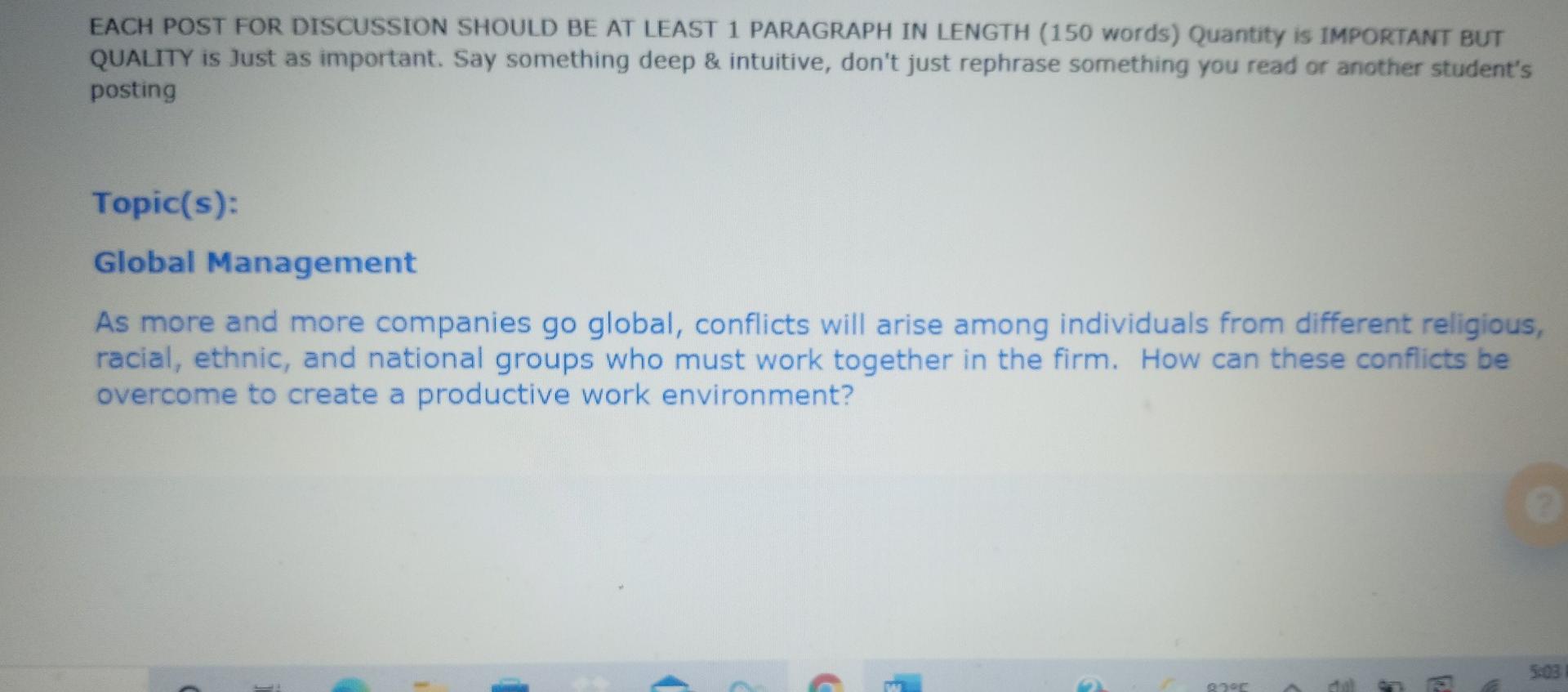 EACH POST FOR DISCUSSION SHOULD BE AT LEAST 1