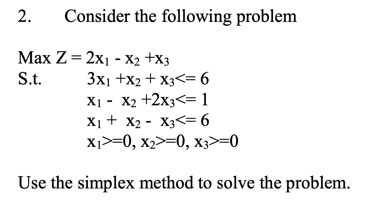 2. Consider the following problem = Max Z= 2x1 -