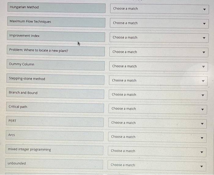 Matching type only. complete answers please.