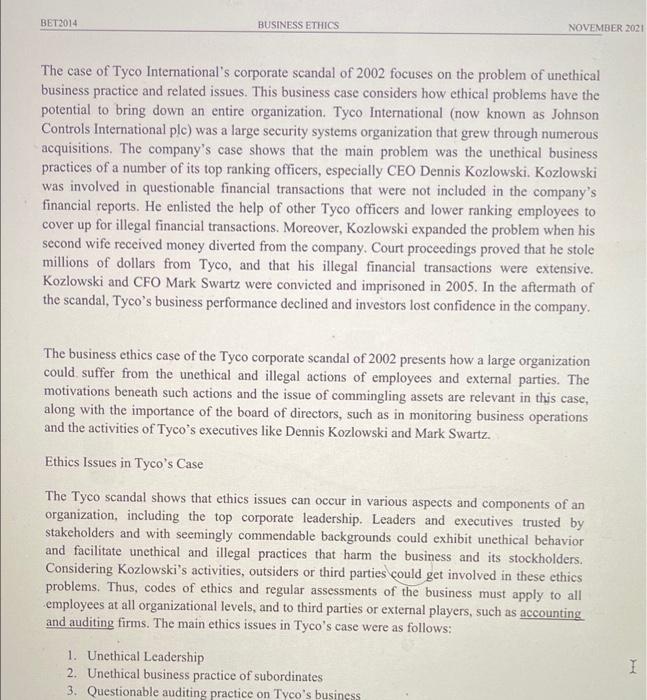 BET 2014 BUSINESS ETHICS NOVEMBER 2021 The case