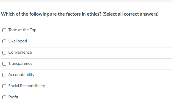 Which of the following are the factors in ethics?
