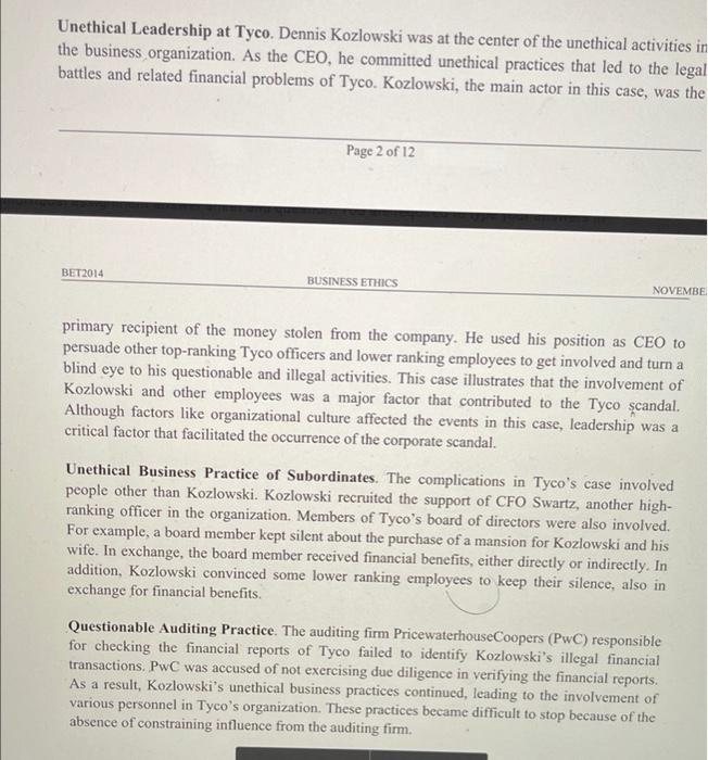 BET 2014 BUSINESS ETHICS NOVEMBER 2021 The case