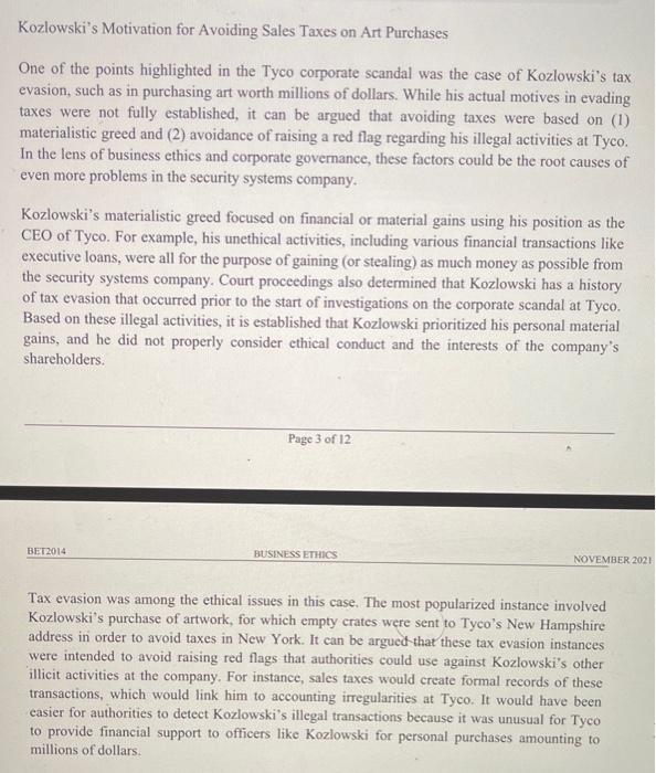 BET 2014 BUSINESS ETHICS NOVEMBER 2021 The case