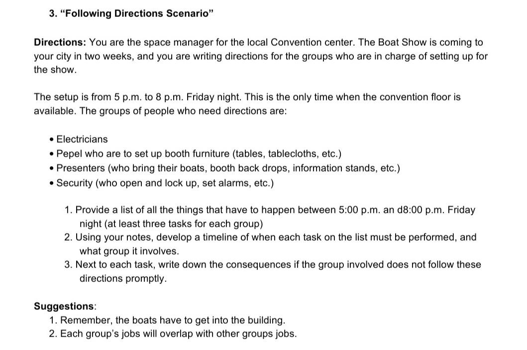 3. "Following Directions Scenario" Directions: