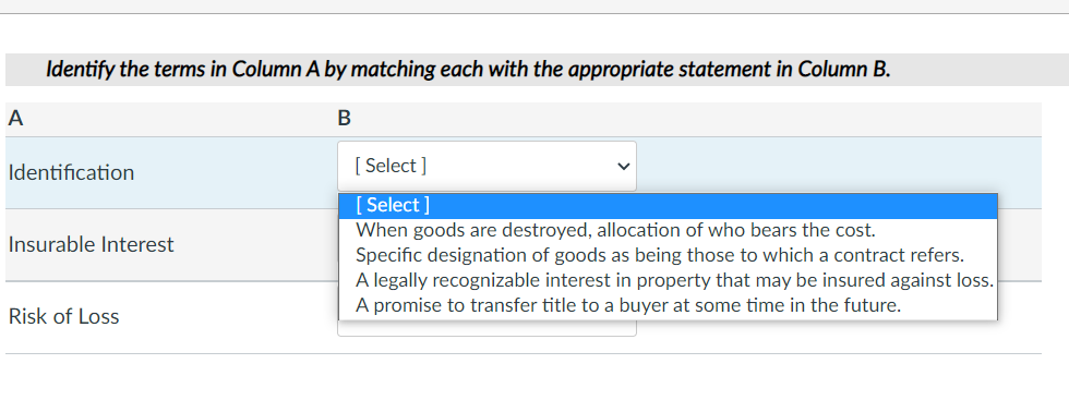 Identify the terms in Column A by matching each