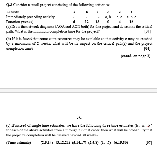 a e 6 13 Q.3 Consider a small project consisting