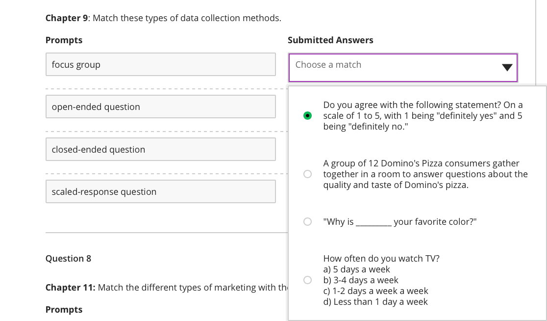 Chapter 9: Match these types of data collection